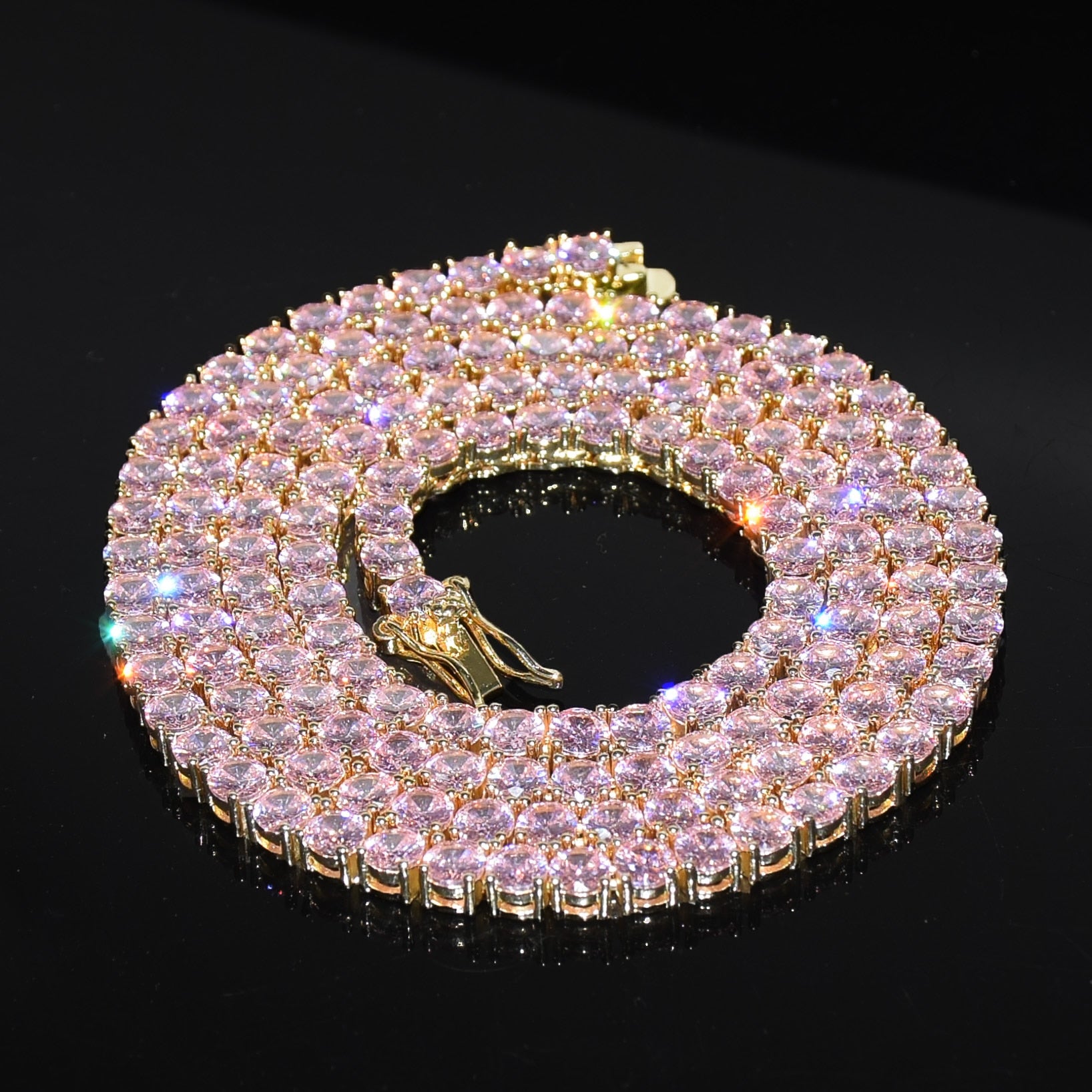 Diamond Tennis Chain 4mm 18K Gold With Pink Stones