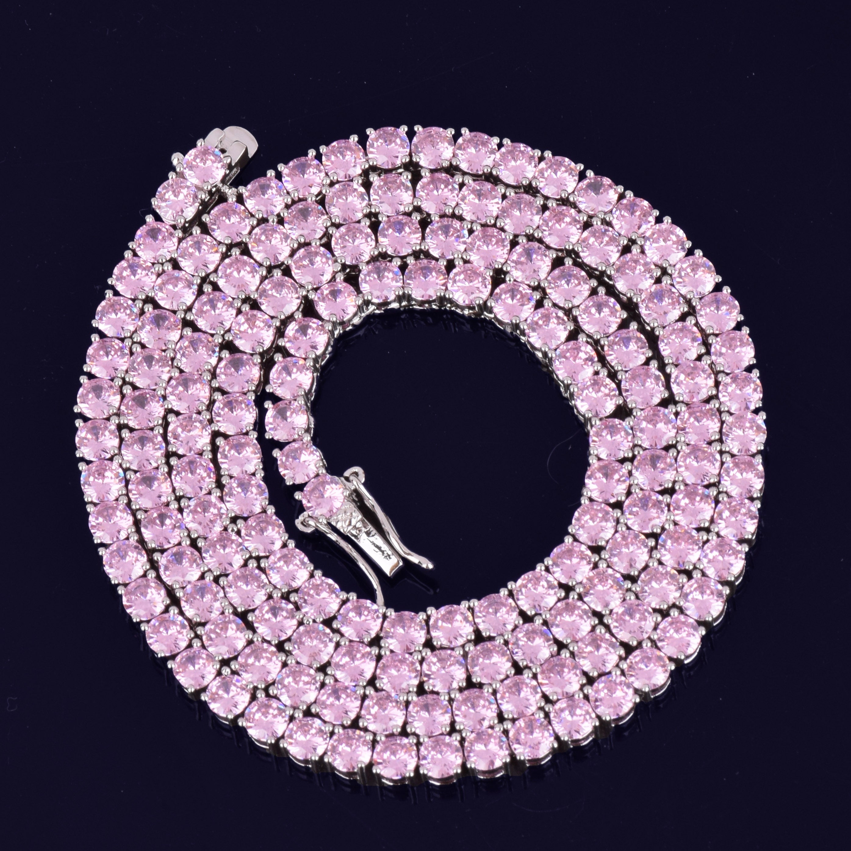 Diamond Tennis Chain 4mm 18K Gold With Pink Stones