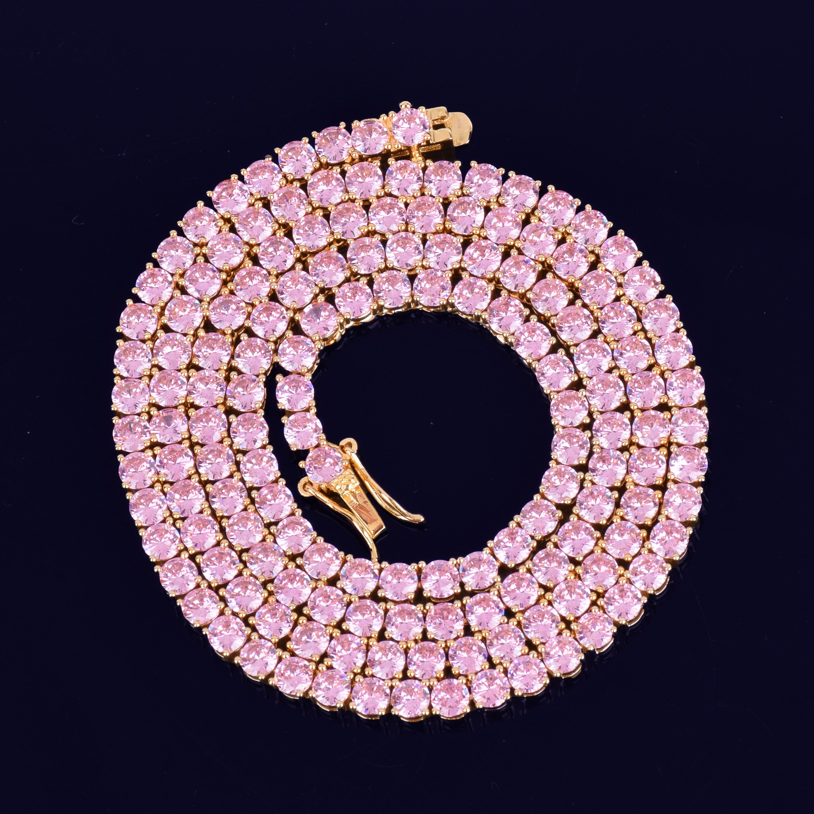 Diamond Tennis Chain 4mm 18K Gold With Pink Stones