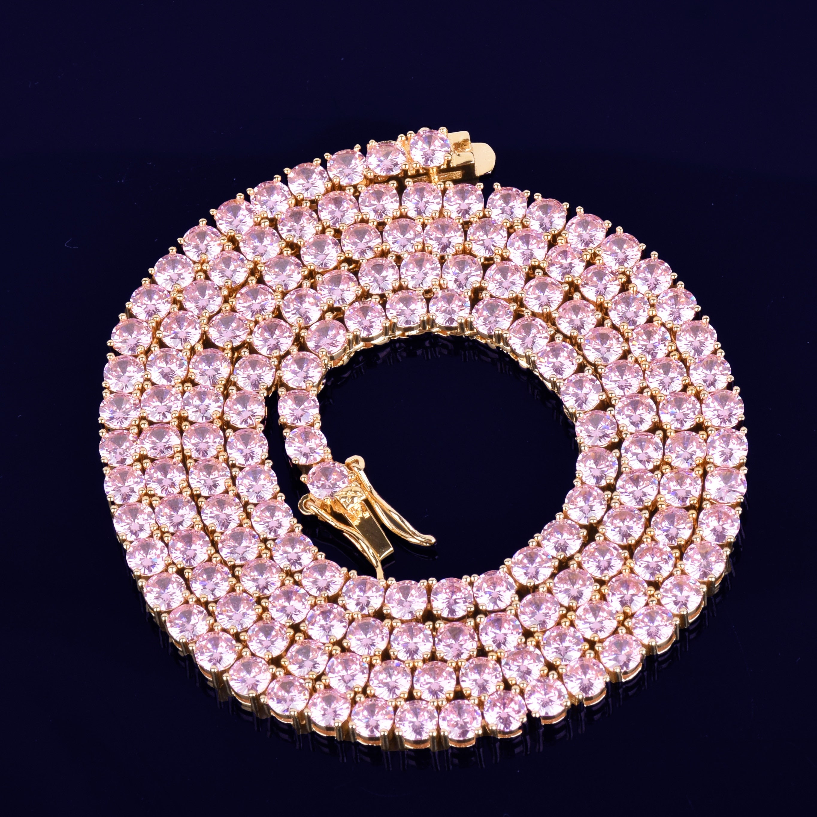 Diamond Tennis Chain 4mm 18K Gold With Pink Stones