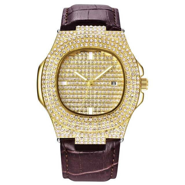 18K Gold Iced Out Watch with Brown Leather