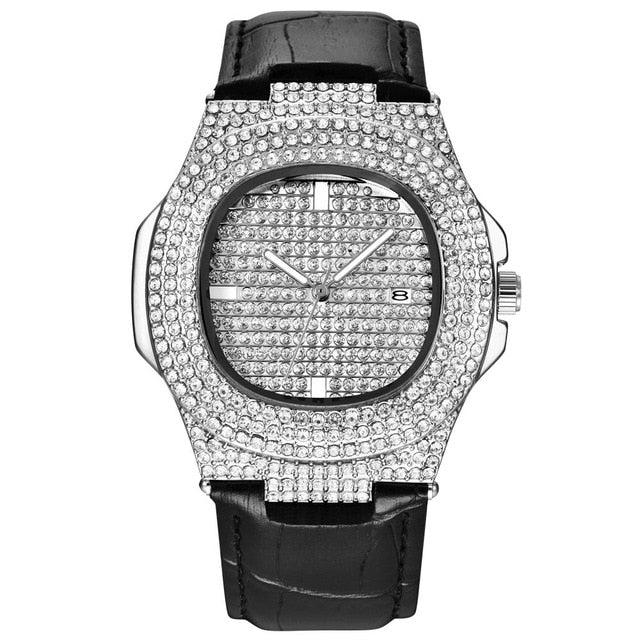 18K White Gold Iced Out Watch with Black Leather