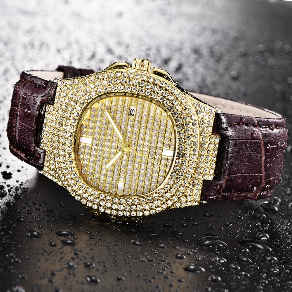18K Gold Iced Out Watch with Brown Leather