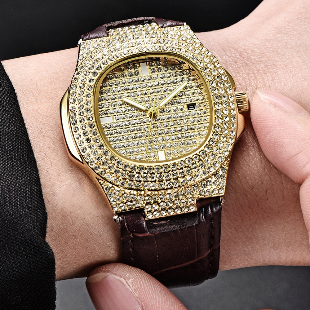 18K Gold Iced Out Watch with Brown Leather