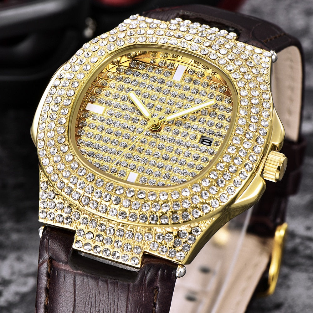 18K Gold Iced Out Watch with Brown Leather