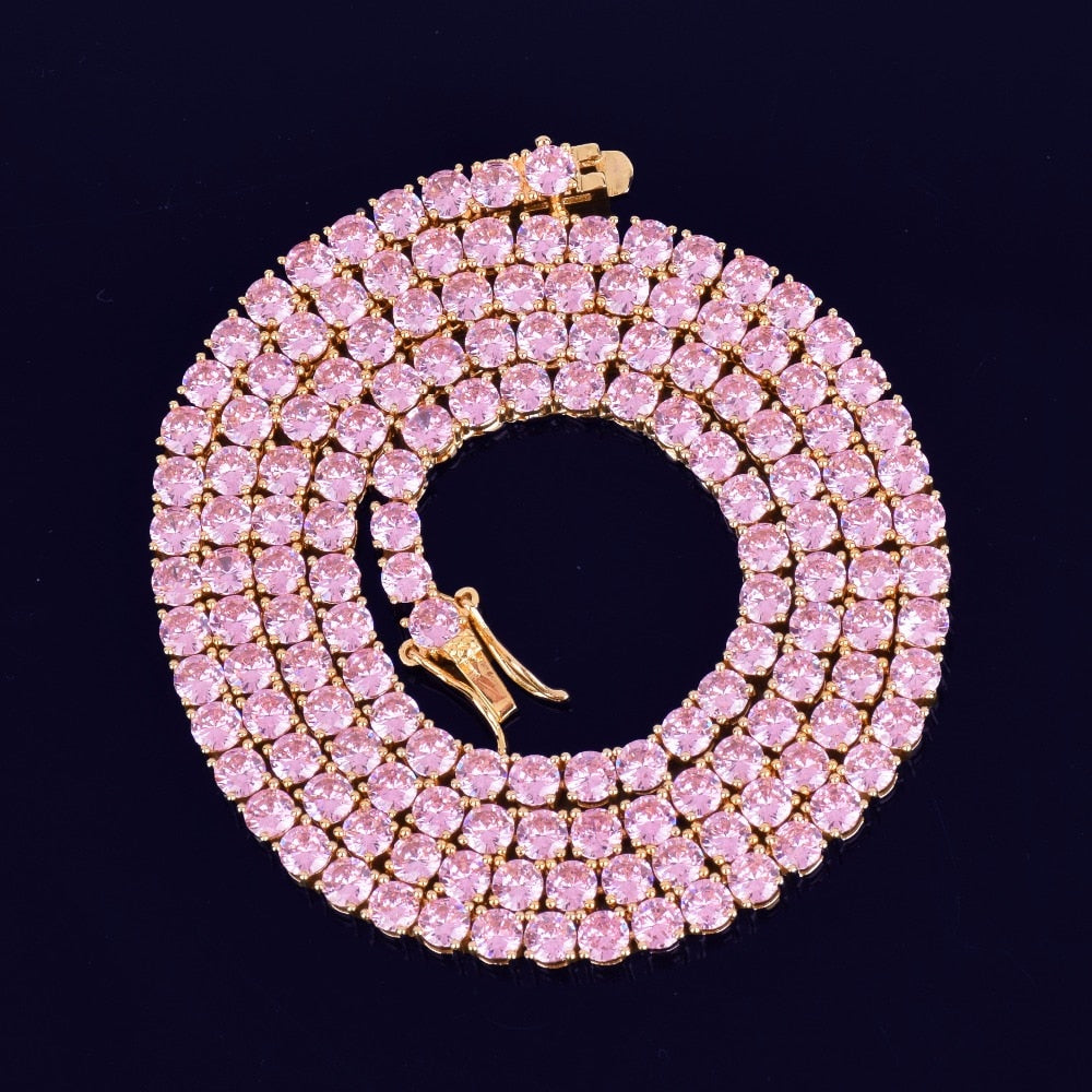 Diamond Tennis Chain 4mm 18K Gold With Pink Stones