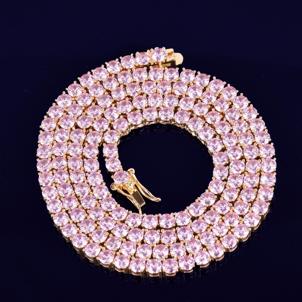 Diamond Tennis Chain 4mm 18K Gold With Pink Stones