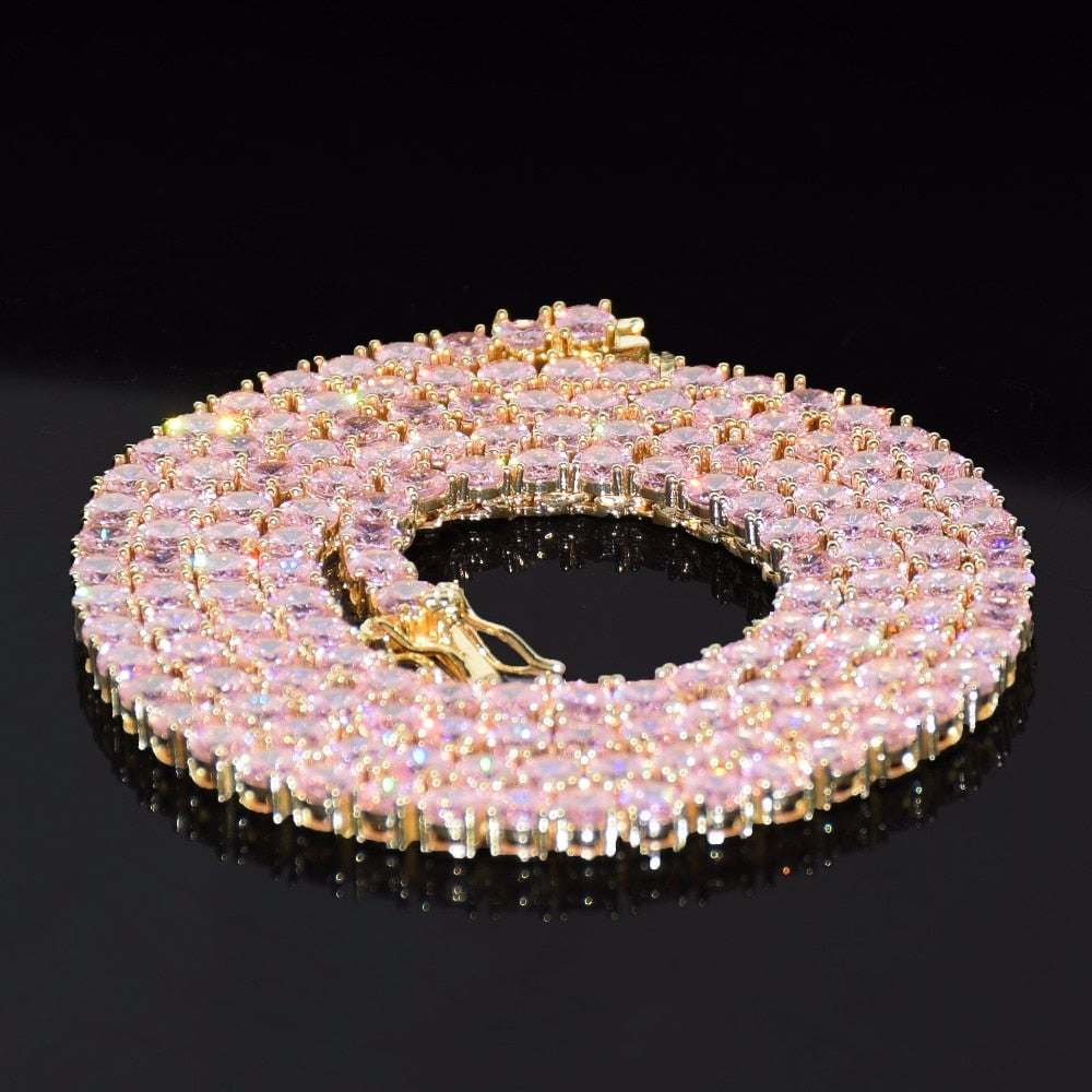 Diamond Tennis Chain 4mm 18K Gold With Pink Stones