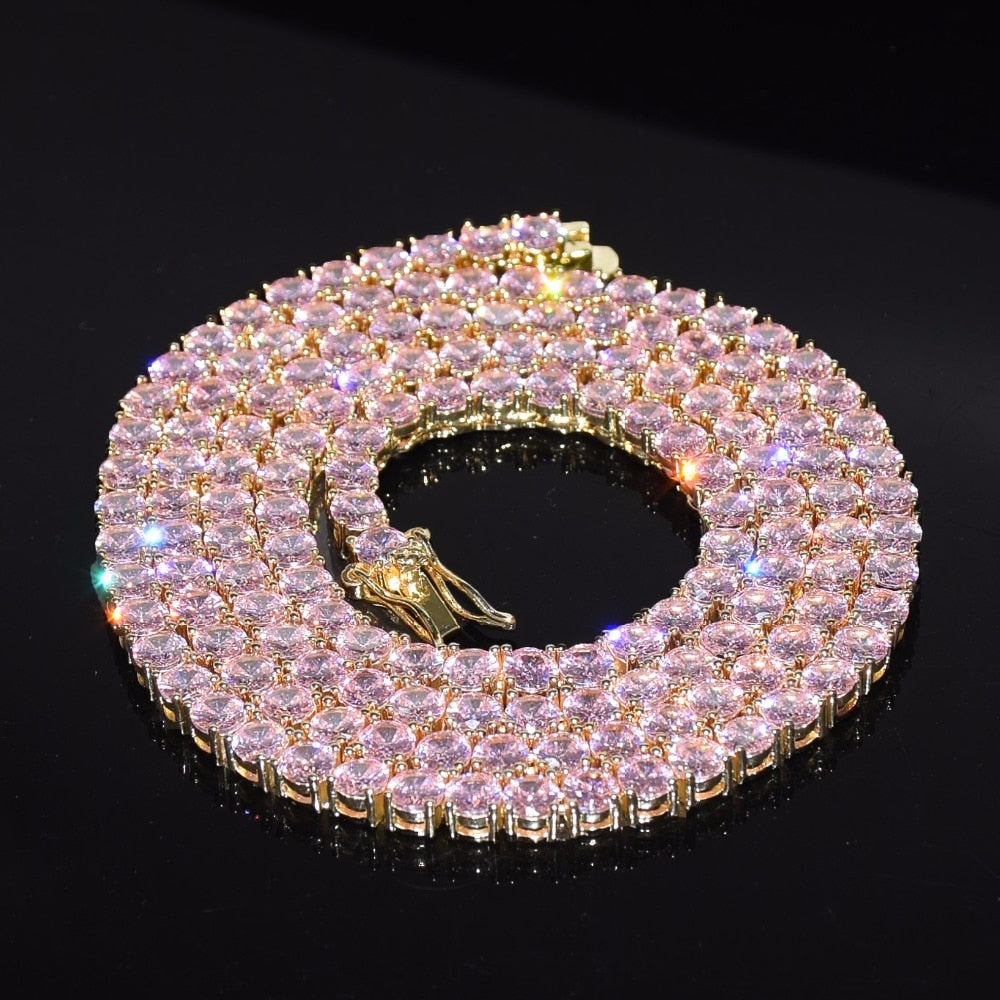 Diamond Tennis Chain 4mm 18K Gold With Pink Stones
