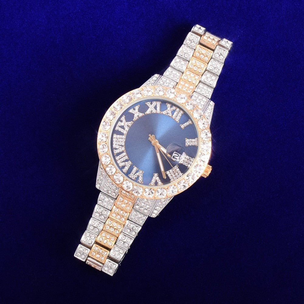 Duel Tone Iced Out Watch with Blue Dial