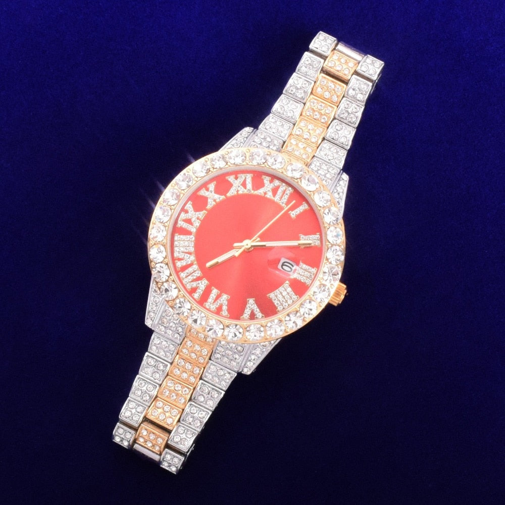 Duel Tone Rhinestone Iced Out Watch with 18K Gold