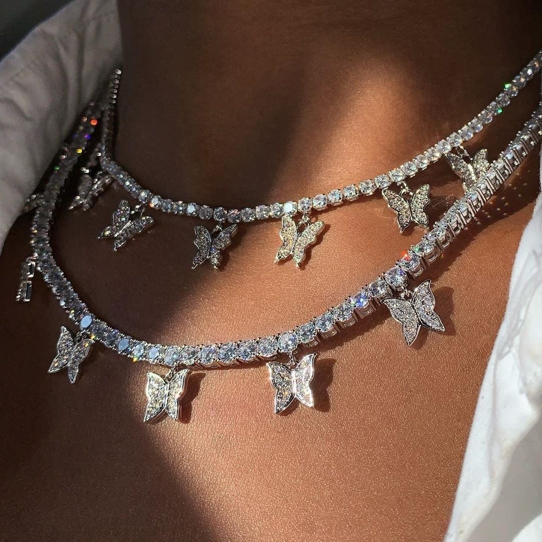 Tennis Chain With Iced Out Butter fly pendant