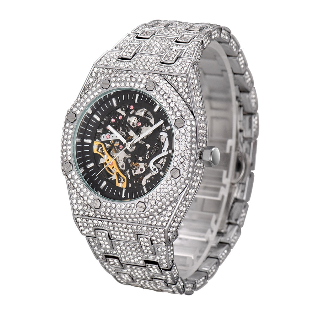 18K White Gold Rhinestones Skeleton Watch