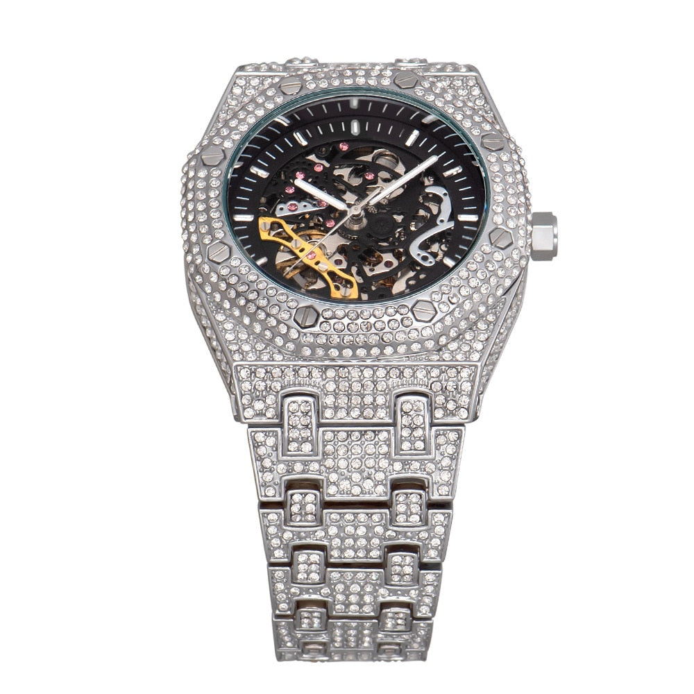18K White Gold Rhinestones Skeleton Watch