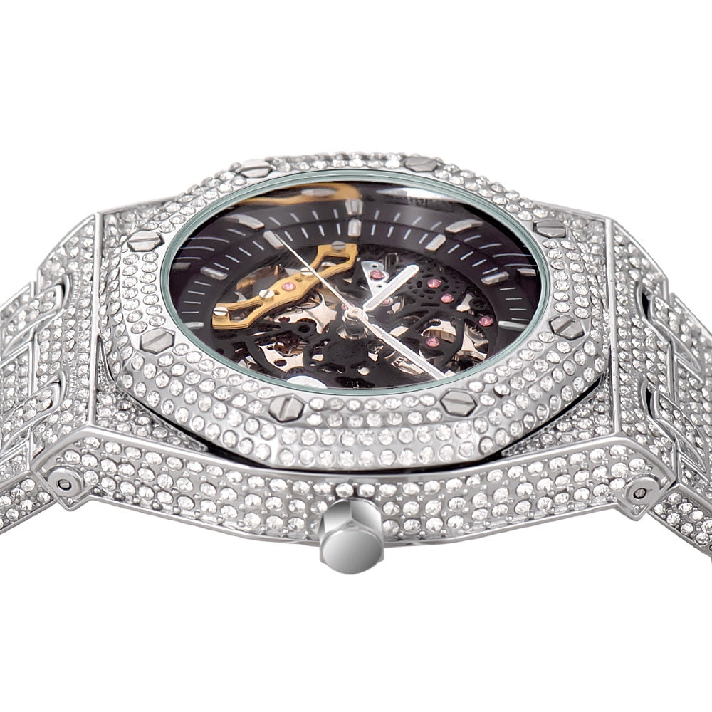 18K White Gold Rhinestones Skeleton Watch
