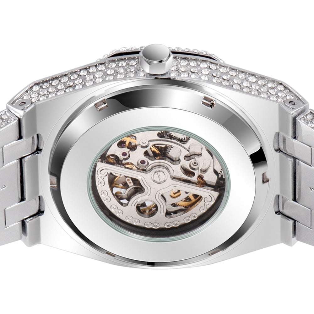 18K White Gold Rhinestones Skeleton Watch