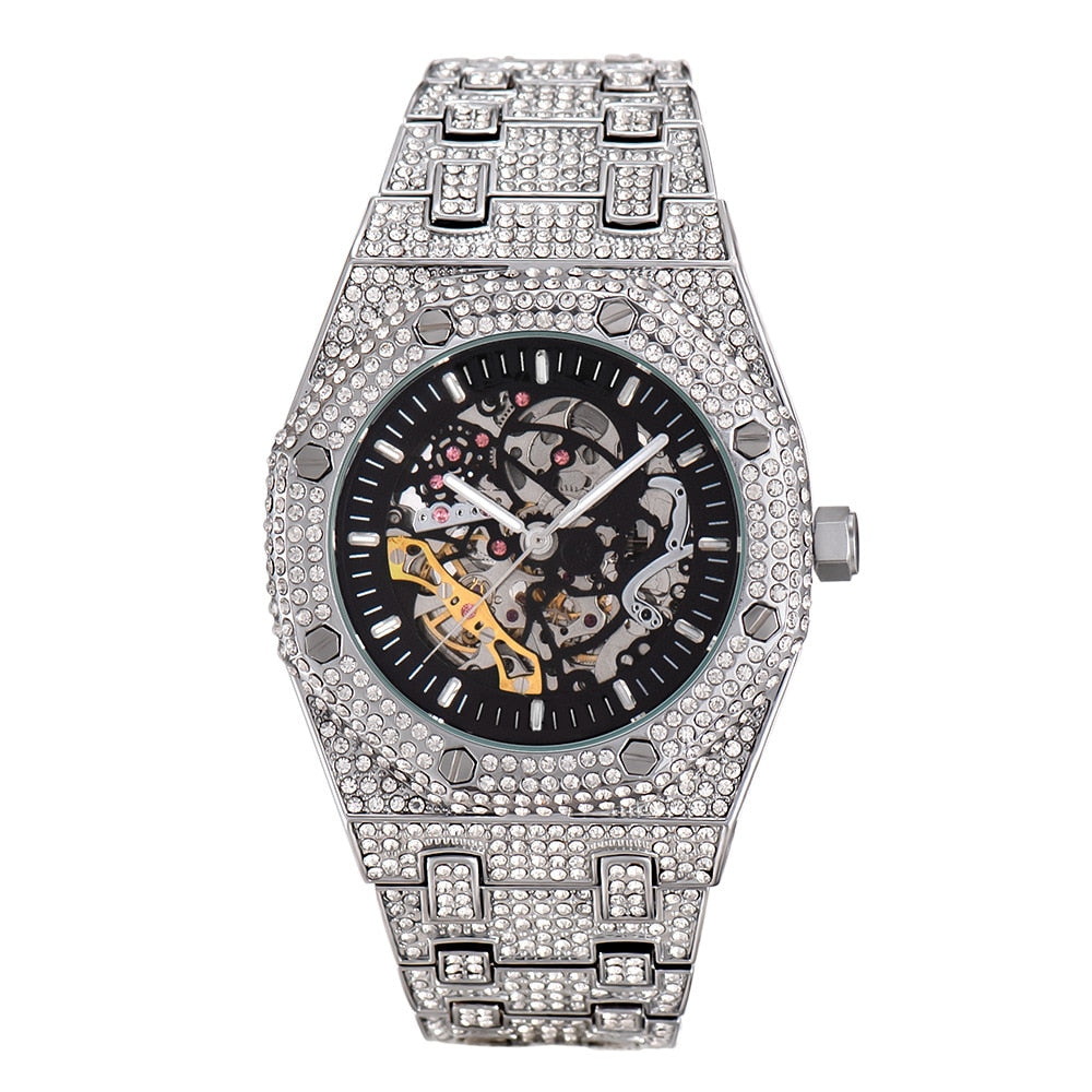 18K White Gold Rhinestones Skeleton Watch
