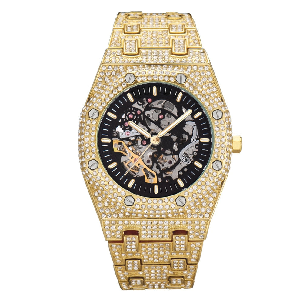 18K Gold Rhinestones skeleton Watch