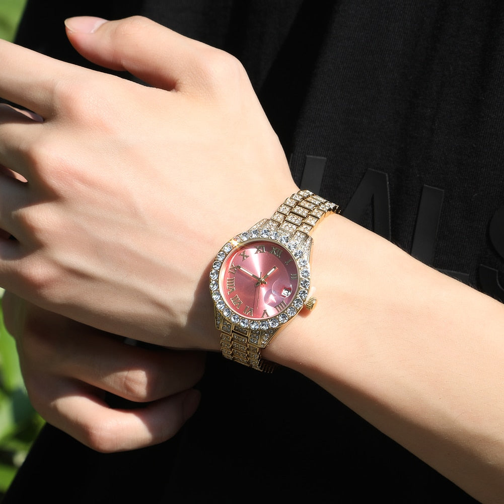 Iced Out Quartz Luxury Rhinestone Waterproof Wrist Watch For Women