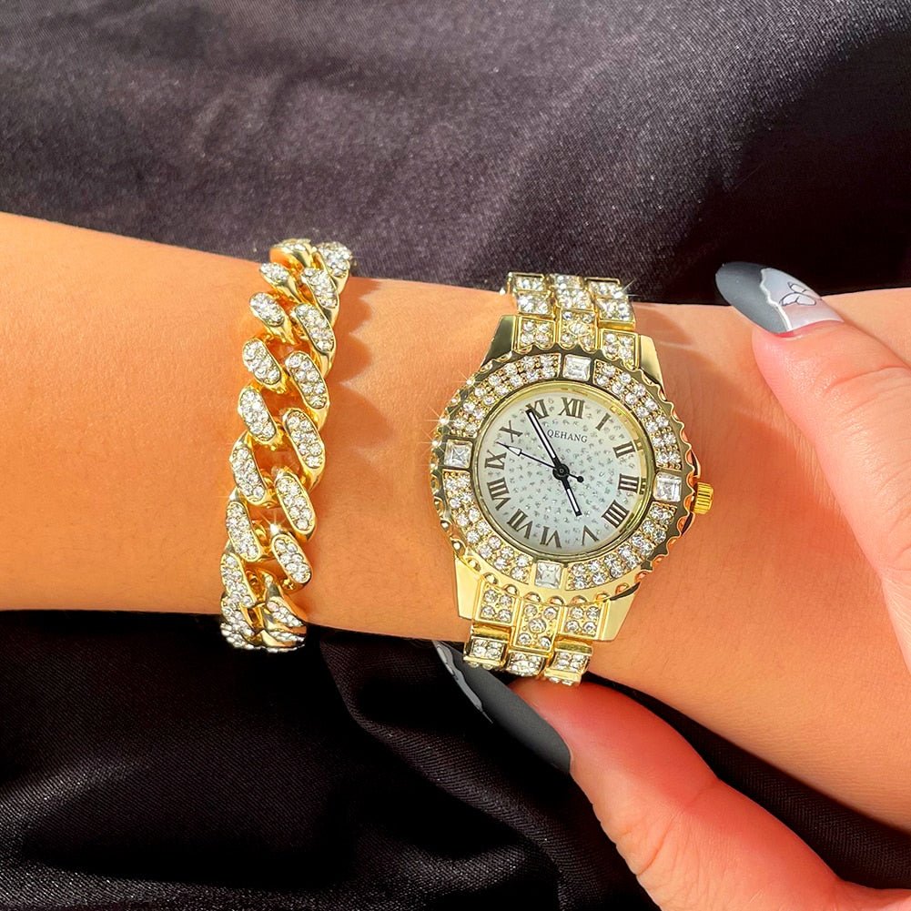 Iced Out Bling Women Men Watches With Bracelet