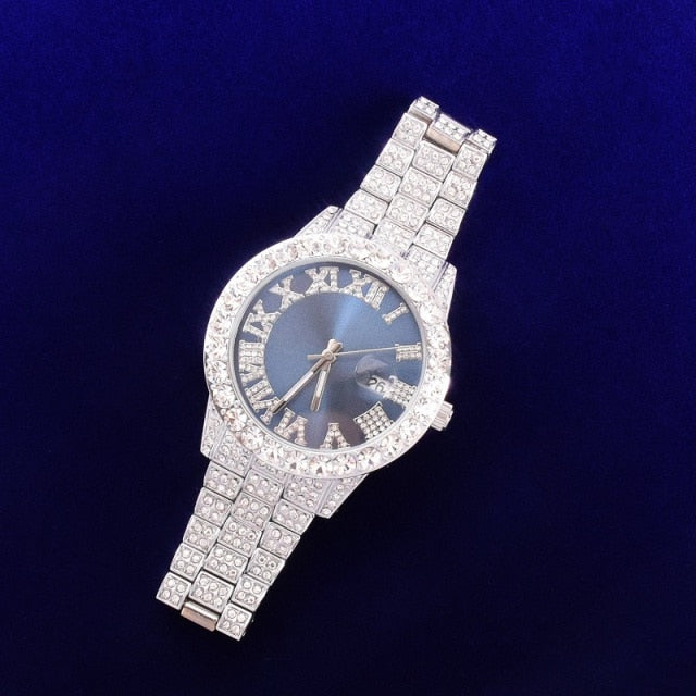 Blue Dial Iced Out Watch with 18K White Gold