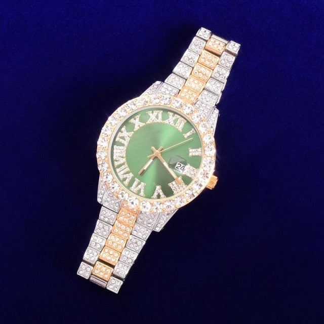 Duel Tone Military Grade Iced Out Watch with 18K White and Yellow Gold